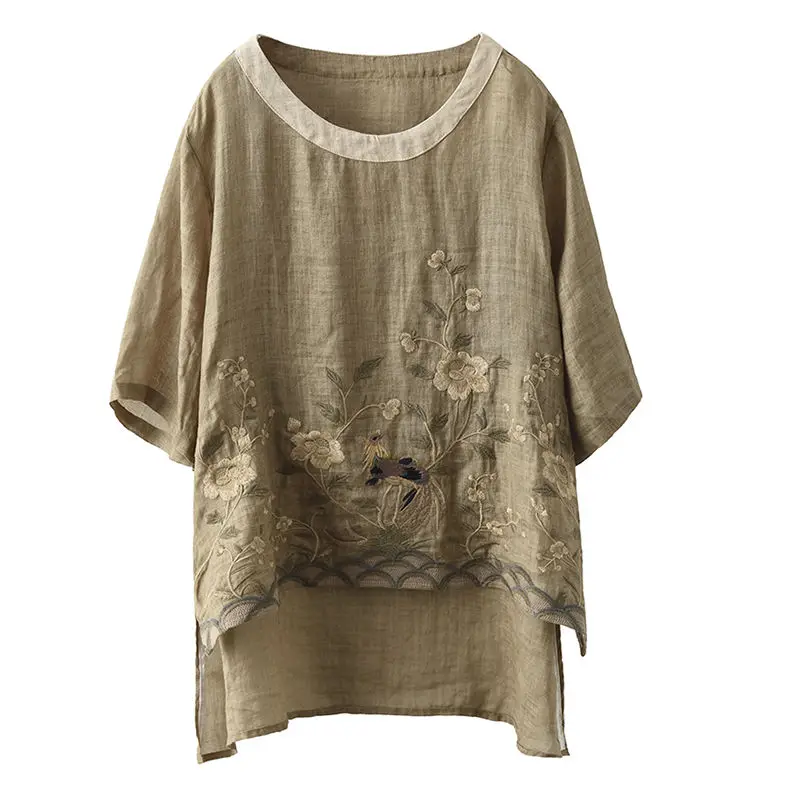 2024 novas mulheres algodão linho bordar flor camisa o pescoço solto topo meia manga pulôver chinês tradicional hanfu blusa