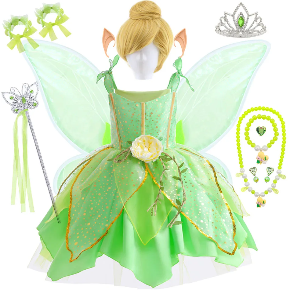 Disfraz de campana Tinker de lujo para niñas, vestido de princesa con purpurina verde de fantasía, trajes de disfraz de fiesta de carnaval, vestidos elegantes