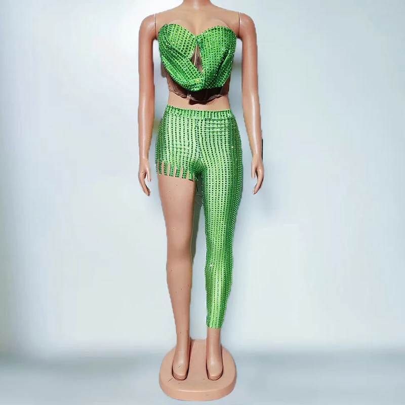 Seksowny strój tancerki Gogo, brokatowy zielony top i spodnie, zestaw Dancehall Queen, kostium sceniczny dla piosenkarki, ubrania na imprezę, pokaz yj020