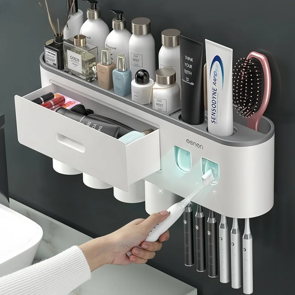 Bathroom Accessories Set Magnetic Adsorption Inverted Toothbrush Holder Automatic Toothpaste Dispenser Squeezer Storage Rack