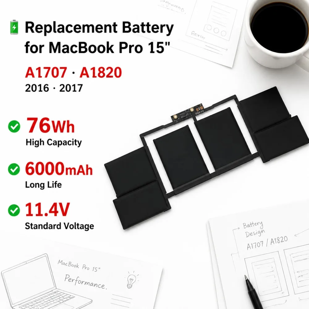 11.4V 76Wh 6000mAh Replacement Battery A1820 A1707 for MacBook Pro 15 2016 2017 MLH32CH/A MLH42CH/A MPTR2LL/A