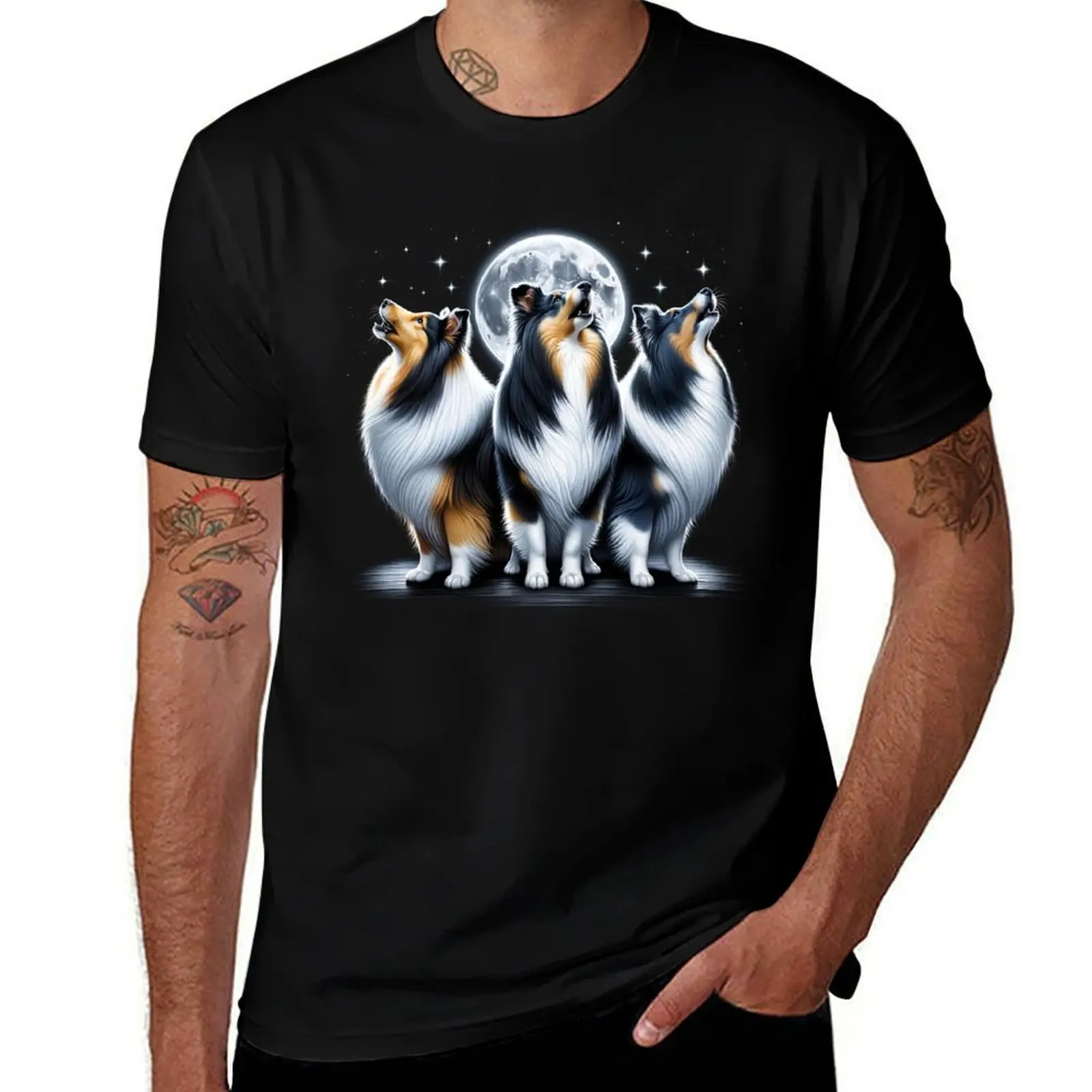 

Three Shetland Sheepdogs Howling at Moon Like Three Wolves Funny T-Shirt Man t-shirt blacks oversized t shirt mens fashion