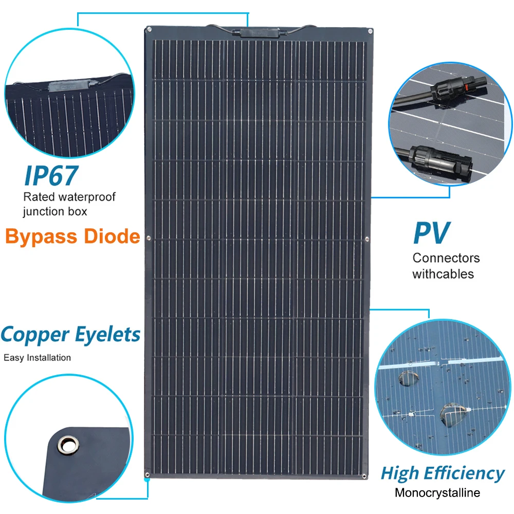 لوحة طاقة شمسية مجموعة مرنة كاملة 12 فولت 24 فولت 600 واط 450 واط 300 واط 150 واط أحادية البلورية نظام شاحن البطارية الشمسية للمنزل سيارة RV العربة