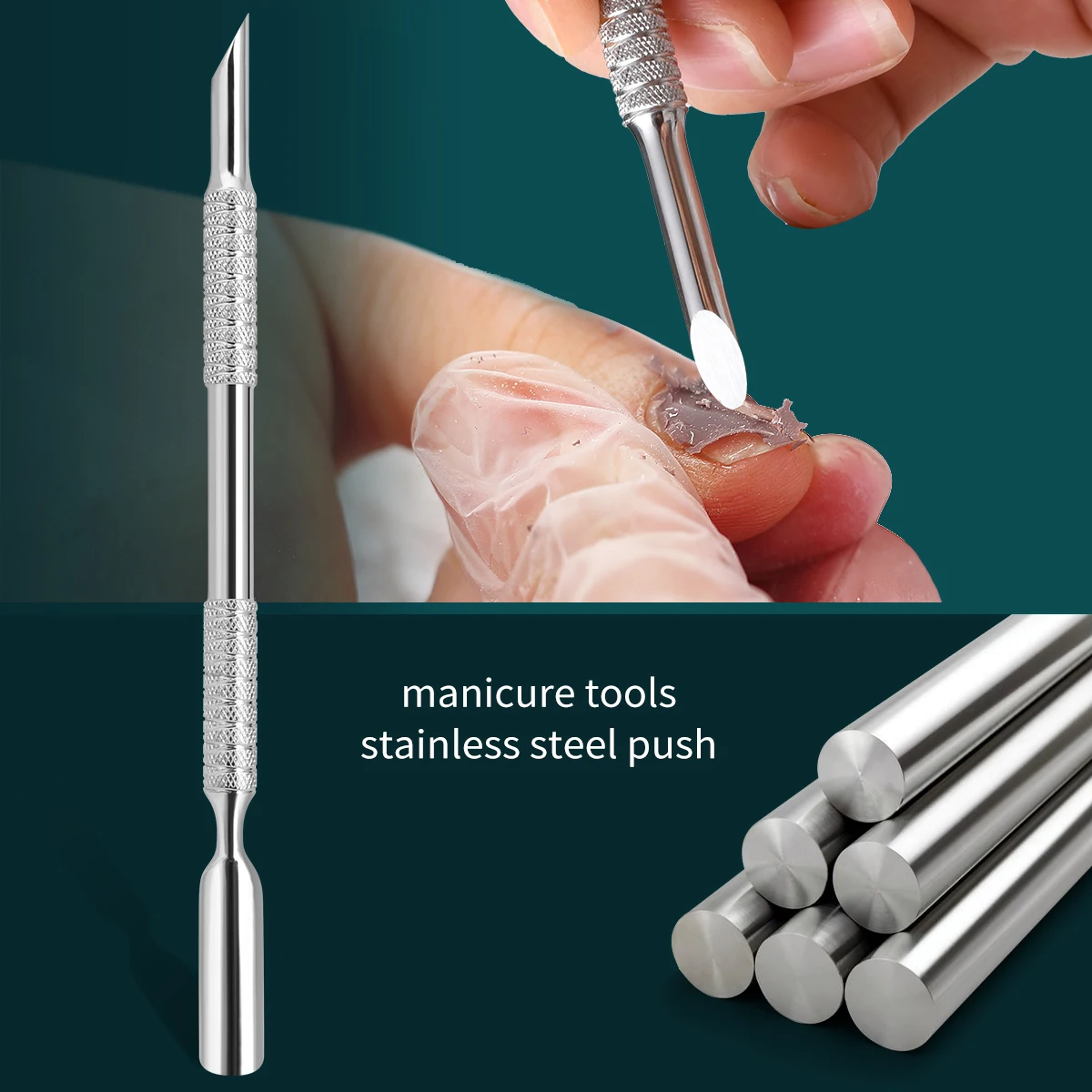 Stainless Steel Double-Ended Cuticle Pusher Gel Polish Remover Nail Manicure Tool Non-Slip Handle Durable