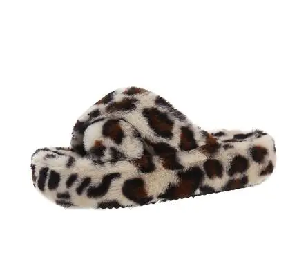 

Winter Fluffy Slippers Women 2024 Leopard House Home Fur Slippers For Women Flat Platform Cozy Fuzzy Indoor Shoes Korean Slides