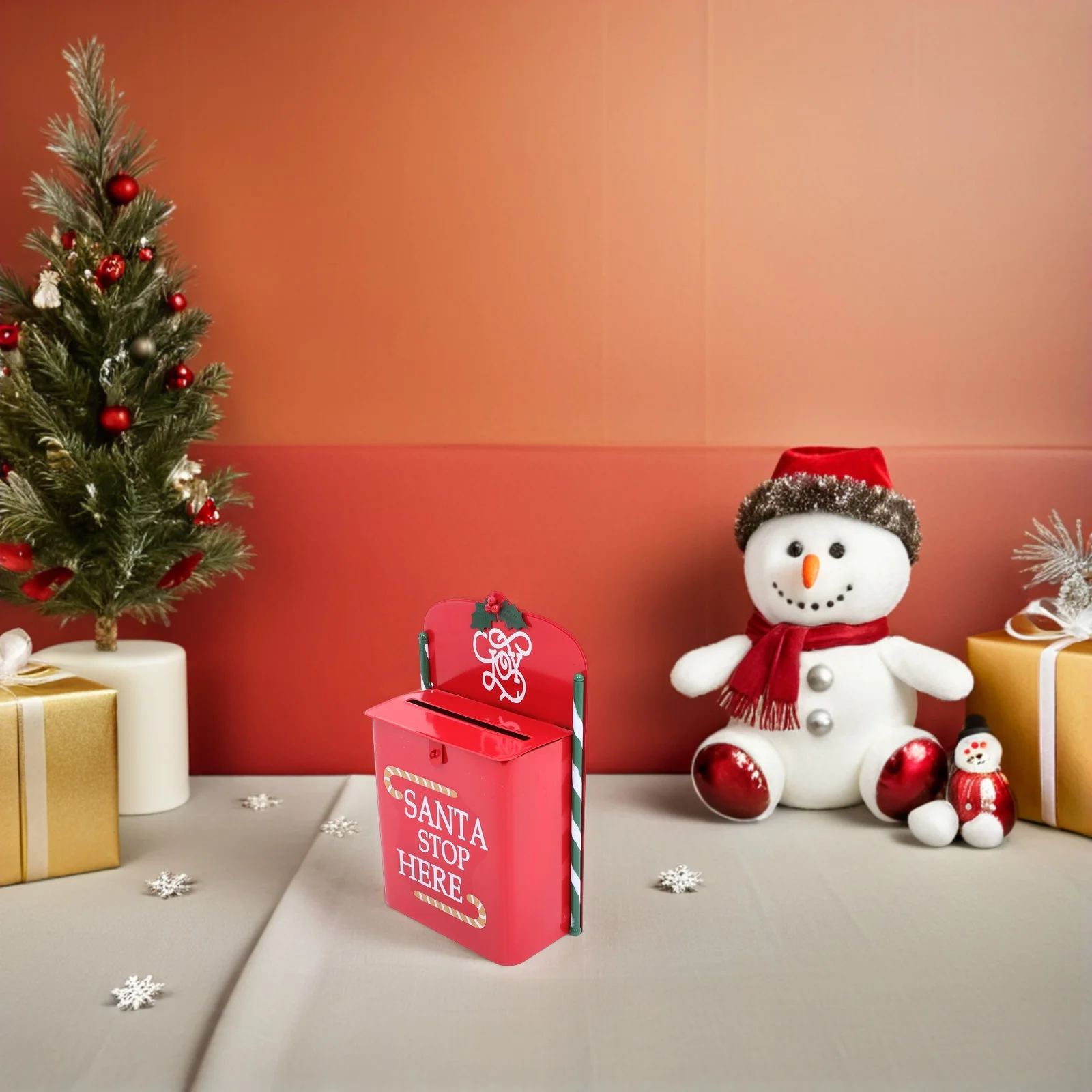 

Metal Santa Mailbox Red Wall Mount Christmas Letter Box Vintage Hanging Post Box Gift Santa Stop Here Decor