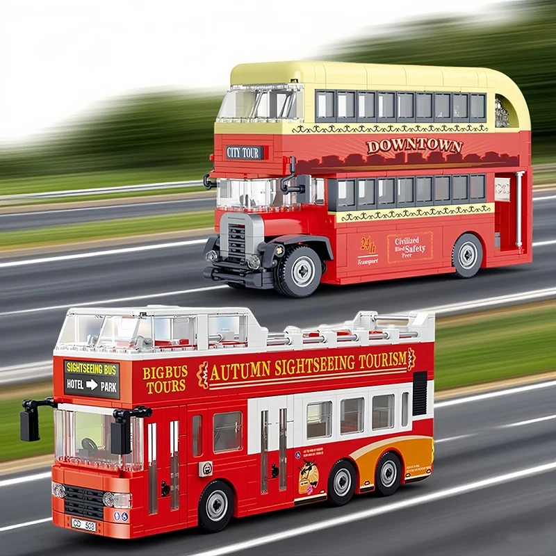 

Новый двухэтажный городской экскурсионный туристический автобус, комплект строительных блоков, городской транспортный автомобиль, модель автомобиля, кирпичи, игрушки, подарки для детей