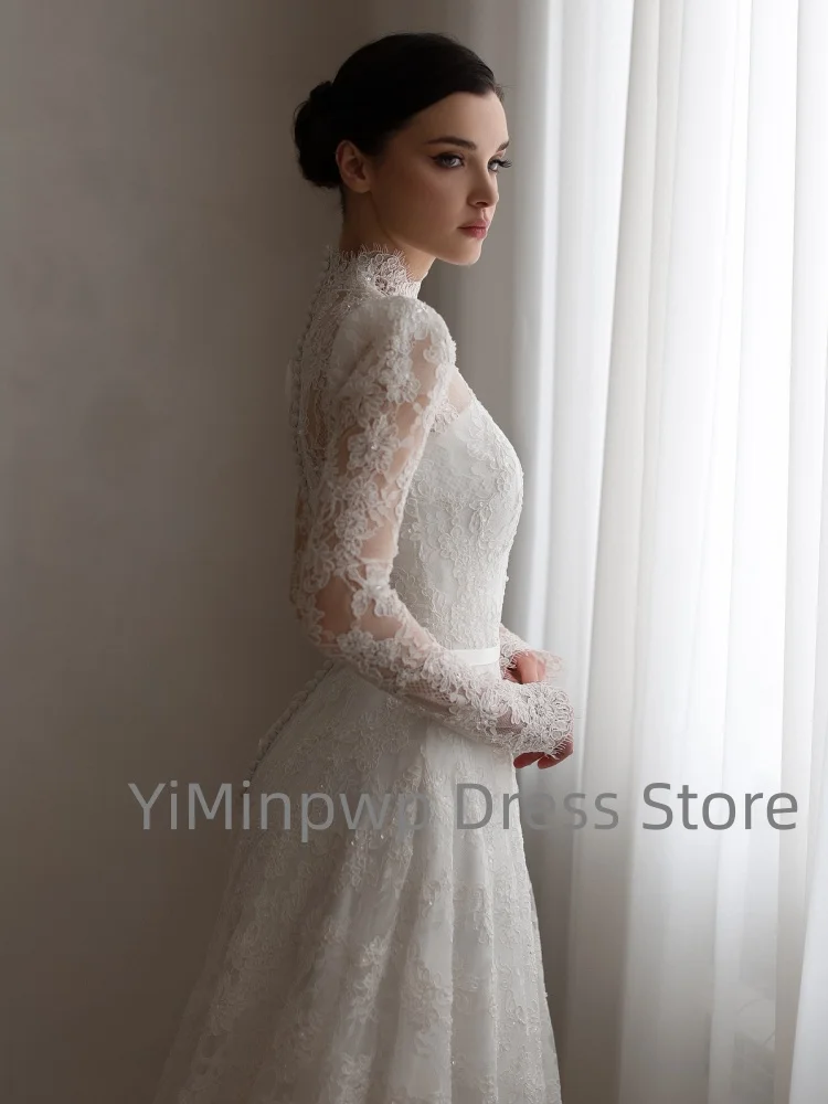 Elegante Civiele Trouwjurken Hoge Kraag Lange Mouw Bruidsjurk Kant A-lijn Sweep Trein Bruidsjurk Aangepaste robe de mariée