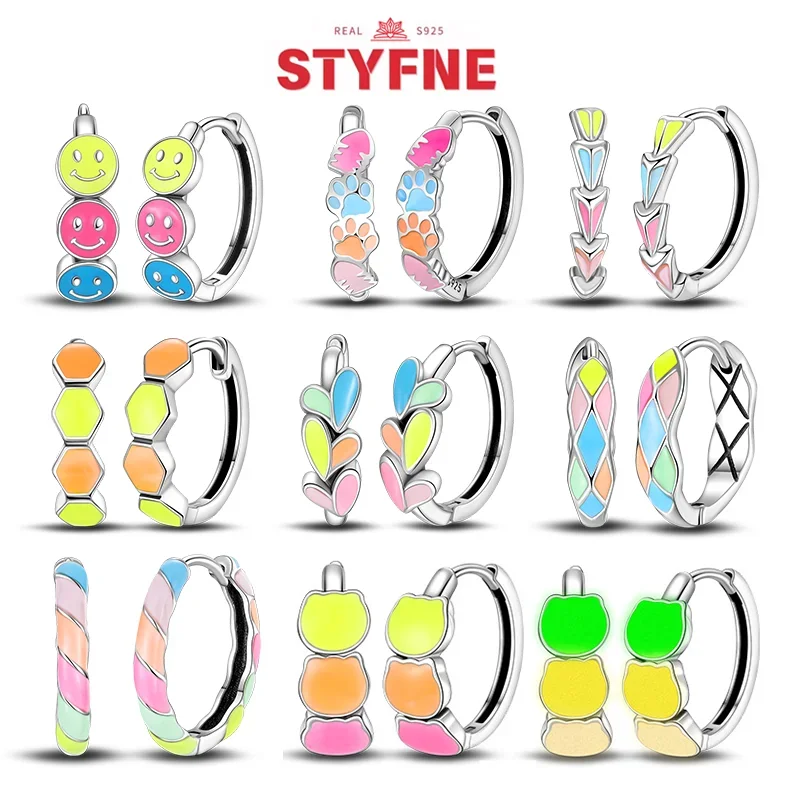 

925 Silver Dopamine Colorful Glow in The Dark Cute Claw Fish Hoop Earrings Circular Rainbow Earring for Women Fine Jewelry Gifts