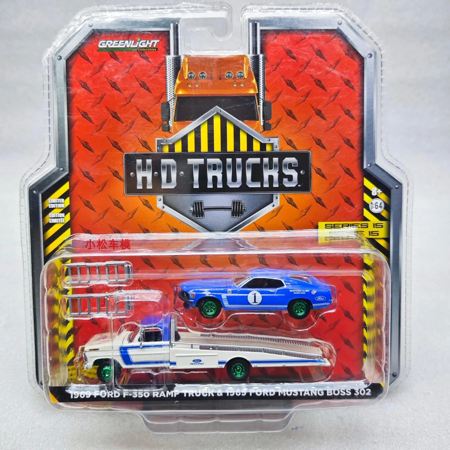 

Зеленый свет 1:64 1969 Ford F-350 Ramp Card и 99 Ford Mustang BOSS 302 # Зеленый самолет, модель автомобиля из сплава, игрушка