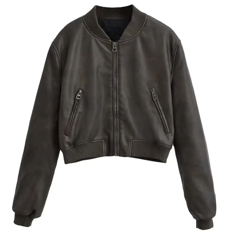 Cappotto da motociclista Cé Brown Jaet Colletto alla coreana da donna 2025 Primavera Nuovo design American Sle Leather Jaet Trendy Streetwear