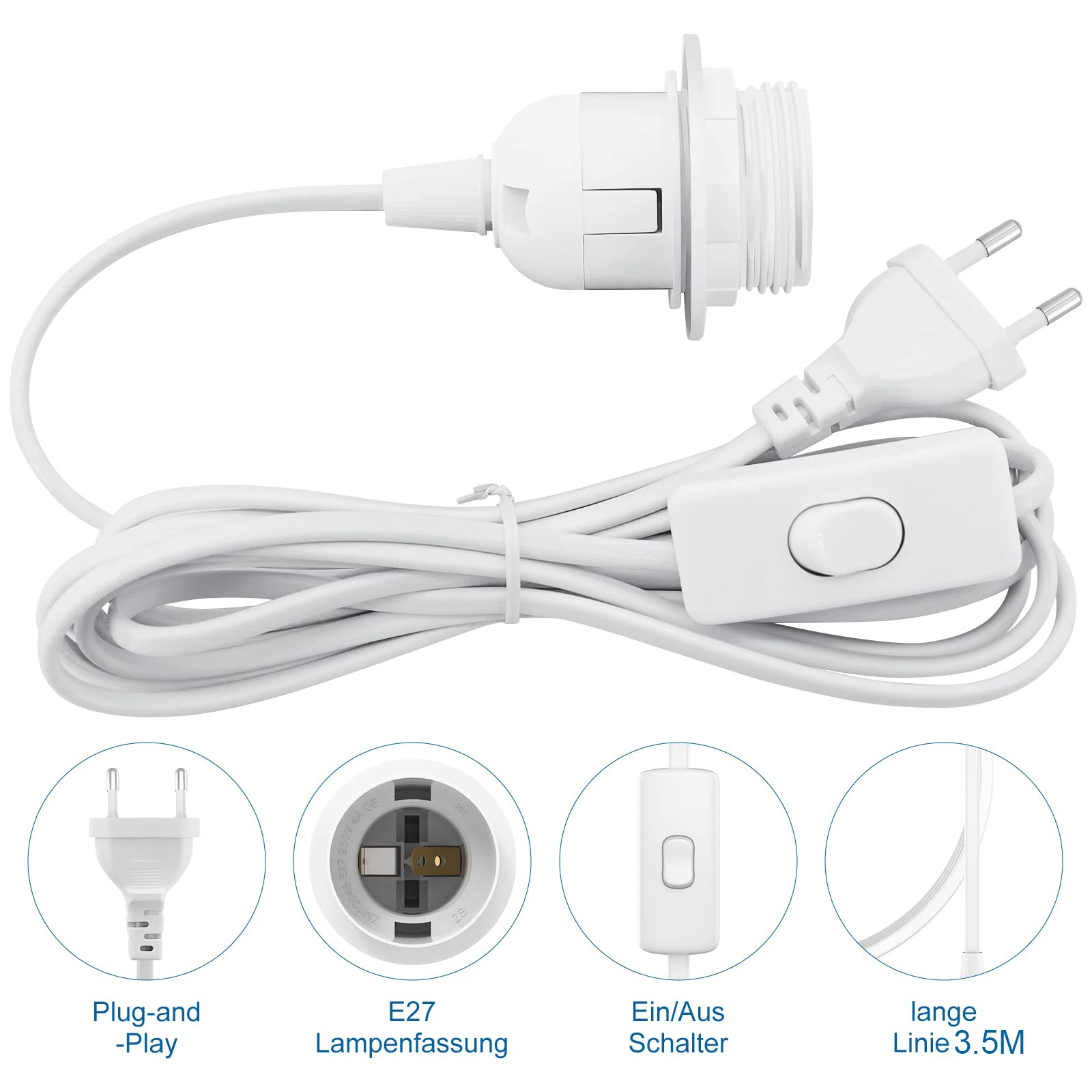 Imagem -02 - Cabos de Cabo de Alimentação com Fio Interruptor Suporte Base da Lâmpada de Meia Dente Plugue ue para Lâmpadas Led Pingente Luminária Pendurar 1.8m 3.5m E26 E27