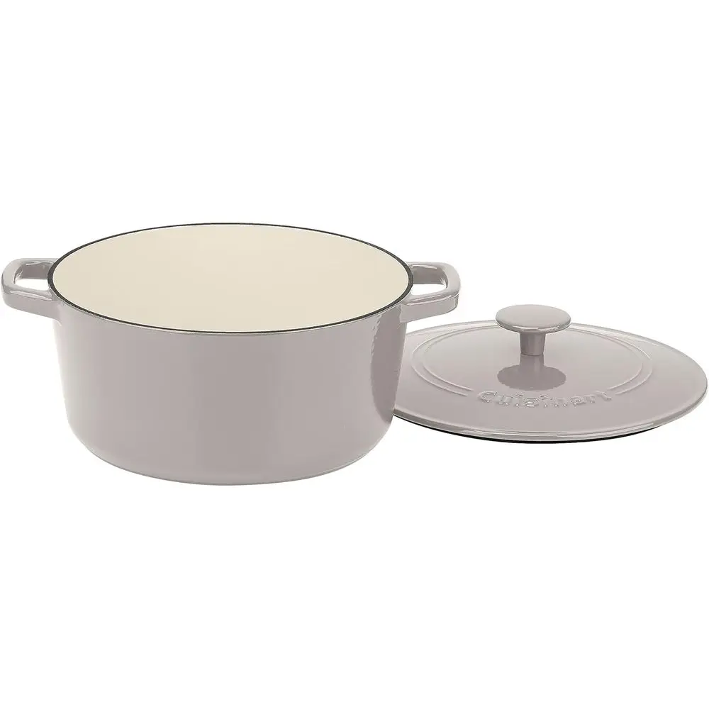 Cacerola Redonda de Hierro Fundido Esmaltado con Acabado Blanco Lino, Capacidad de 5 Cuartos de Galón