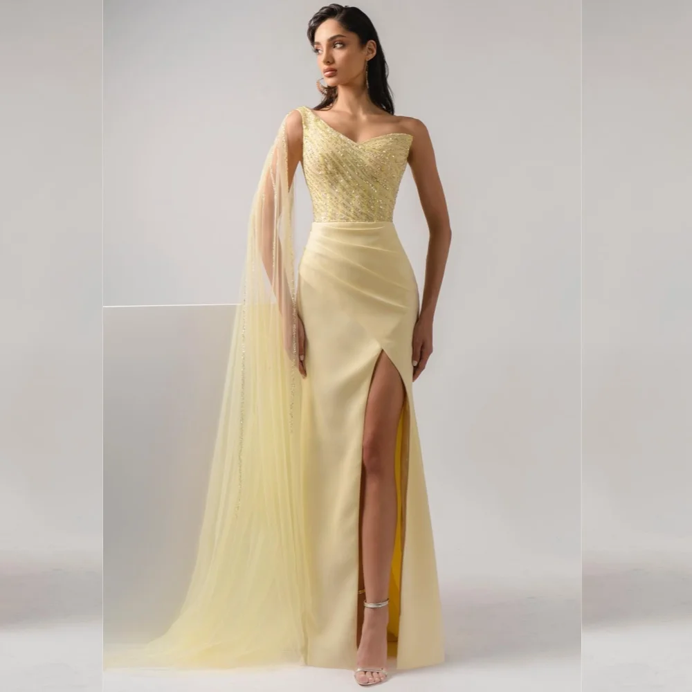 Jersey Draped Beading Engagement A-line One-shoulder Bespoke Occasion Gown Long Dresses