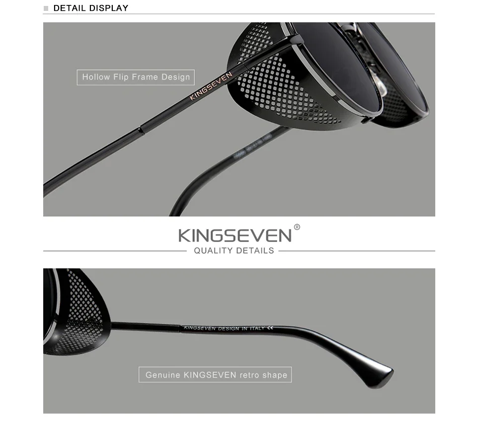 KINGSEVEN Mode Gothic Steampunk Sonnenbrille Polarisierte UV400 Männer Frauen Neue Designer Vintage Brillen Runde Pilot Rahmen Gläser – Detail 1