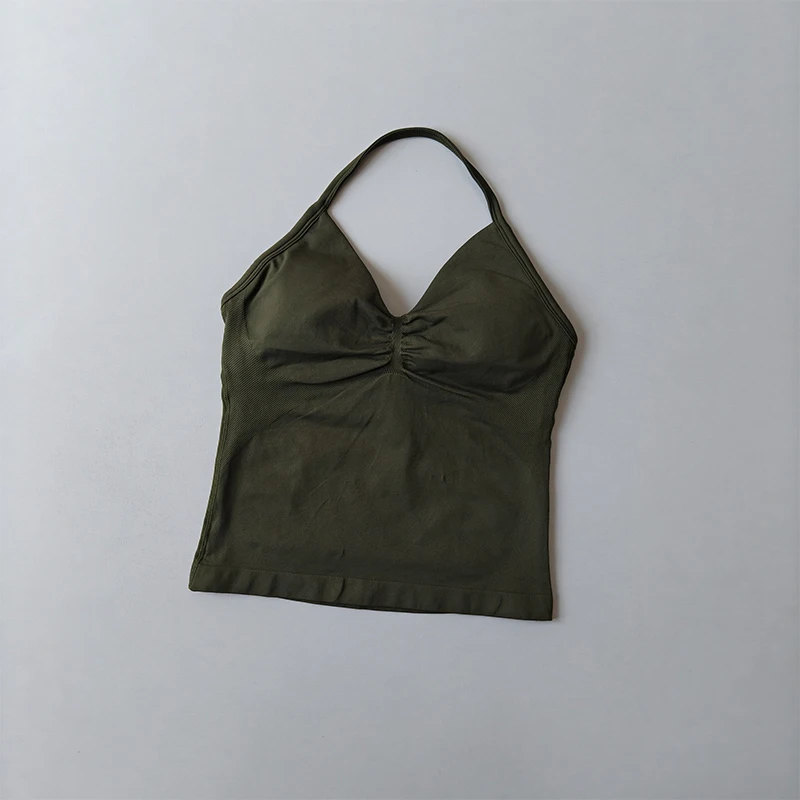 Lange, trägerlose, nahtlose Yoga-Tanktops mit gerafftem Rücken, ärmellose Fitness-Shirts mit integriertem BH, Sportbekleidung. – Detail 16
