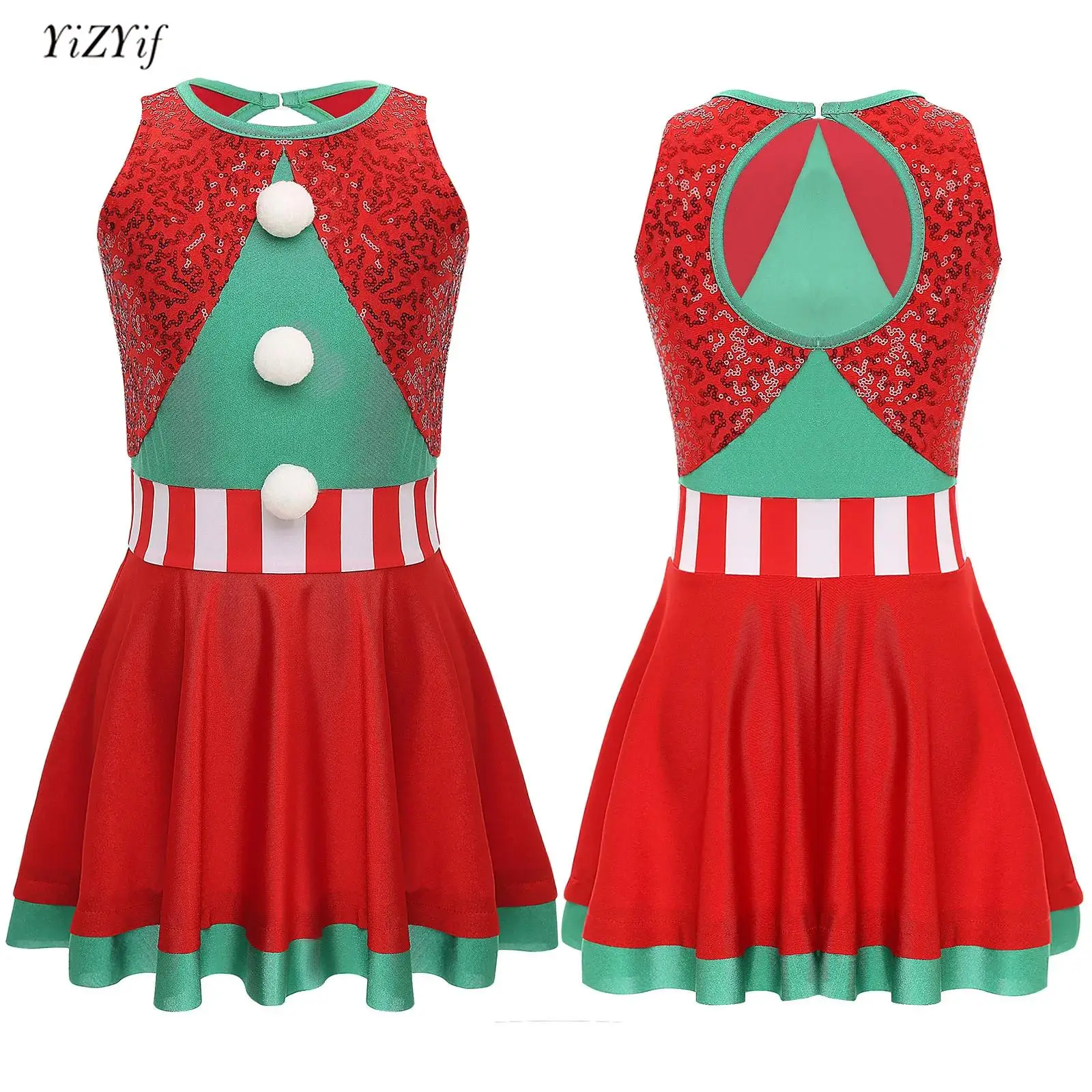 

Kids Girls Christmas Dress Santa Claus Cosplay Costumes Sequin Velvet Sleeveless A-Line Pompom Dress Xmas Carnival Party Dress