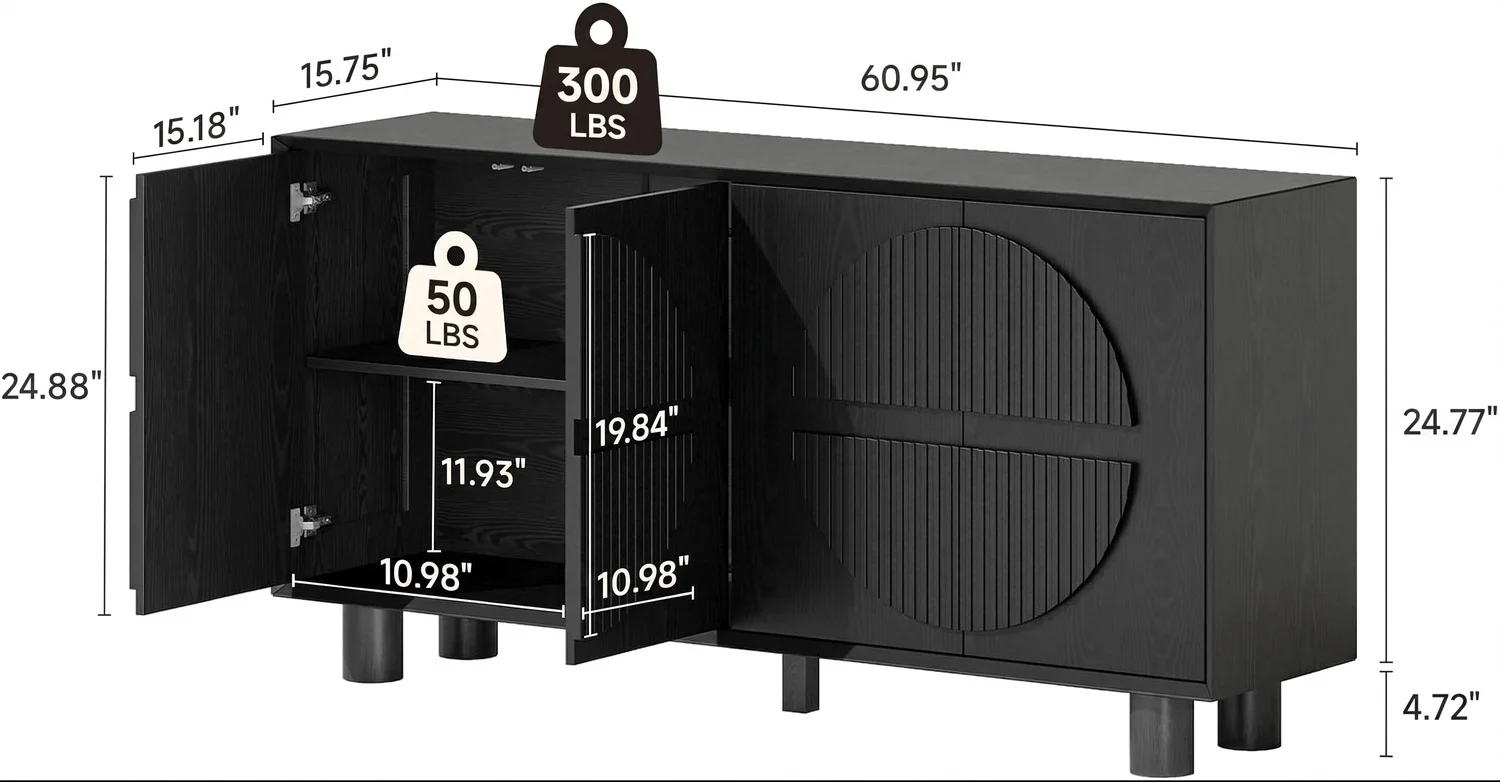 ONBRILL 63 Inch (160cm) Modern Fluted Buffet Cabinet - Storage Sideboard w/Push-Spring Doors, Entryway Dresser, Black
