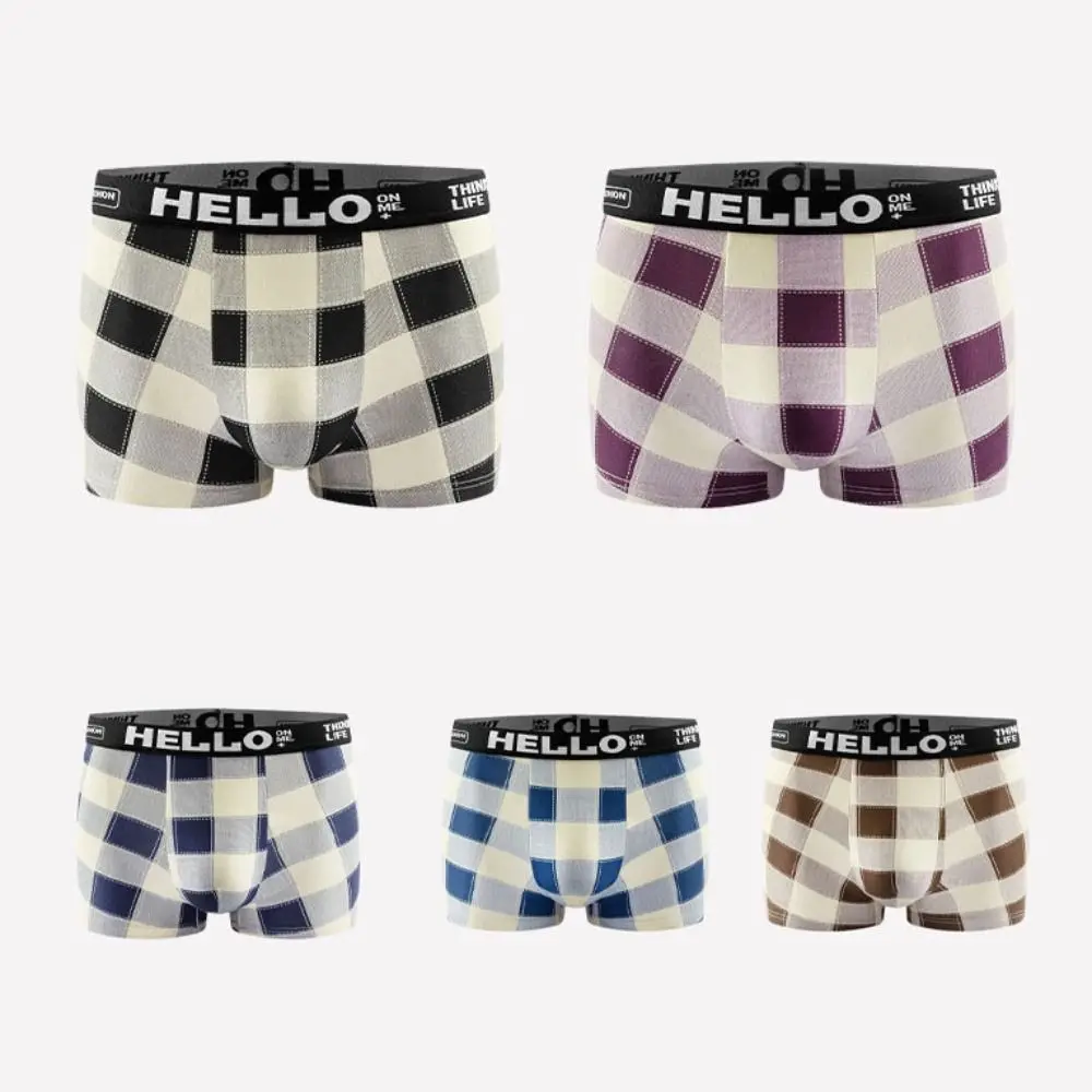 

5PCS Soft Striped Grid Men Underwear Plaid Mid-Waist Boxer Shorts Male Lingerie Breathable Seamless Panties Gifts