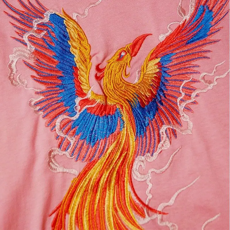 Oversized 2xl Phoenix Embroidery China Style Mythical Beast Cool Fashion Summer Men T Shirt Short Sleeve Casual 2022 Streetwear