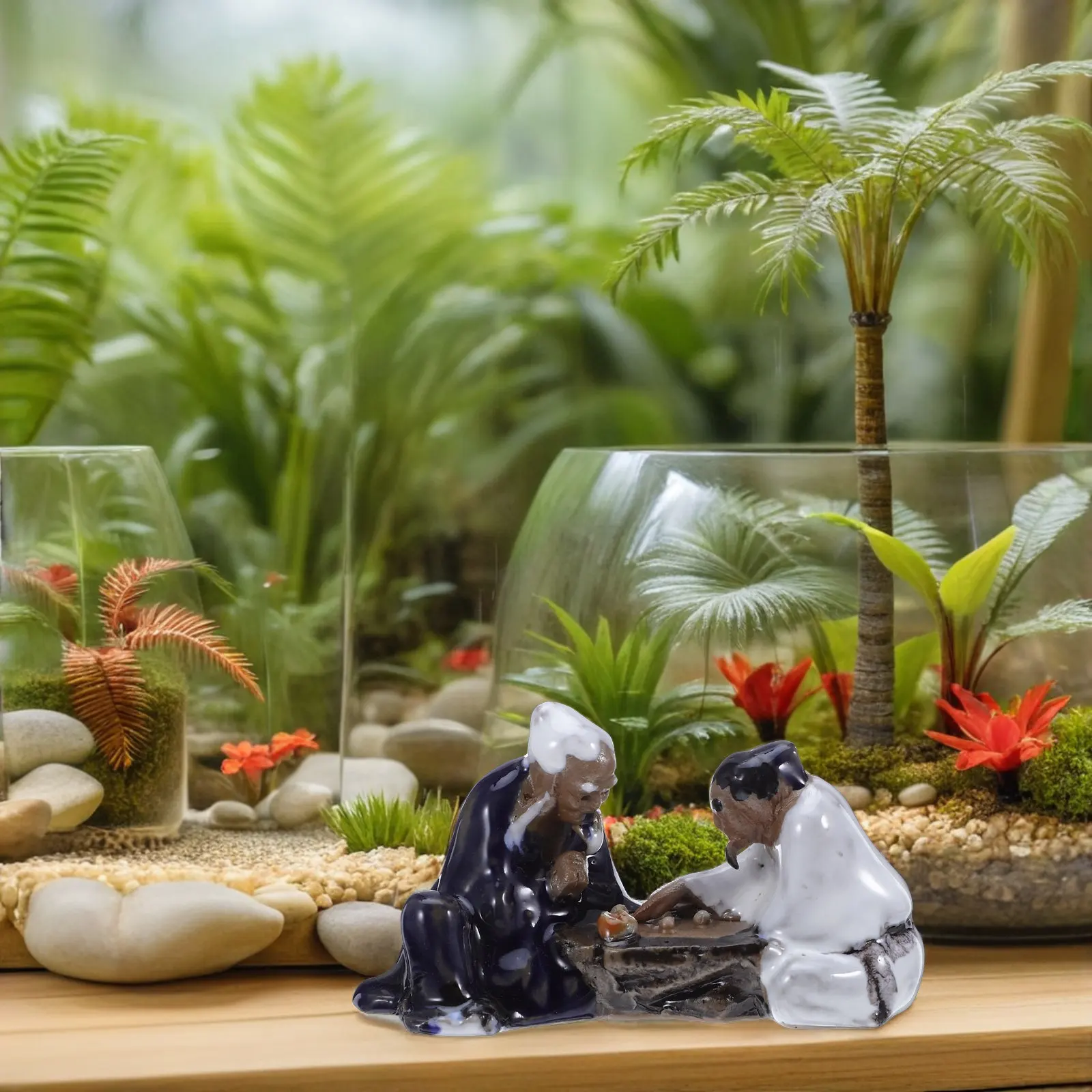 2Pcs Exquisite Ceramic Bonsai Ornaments Chess Player Guzheng Music Theme Micro Landscape Decor Tank Ornament Home Office Decor