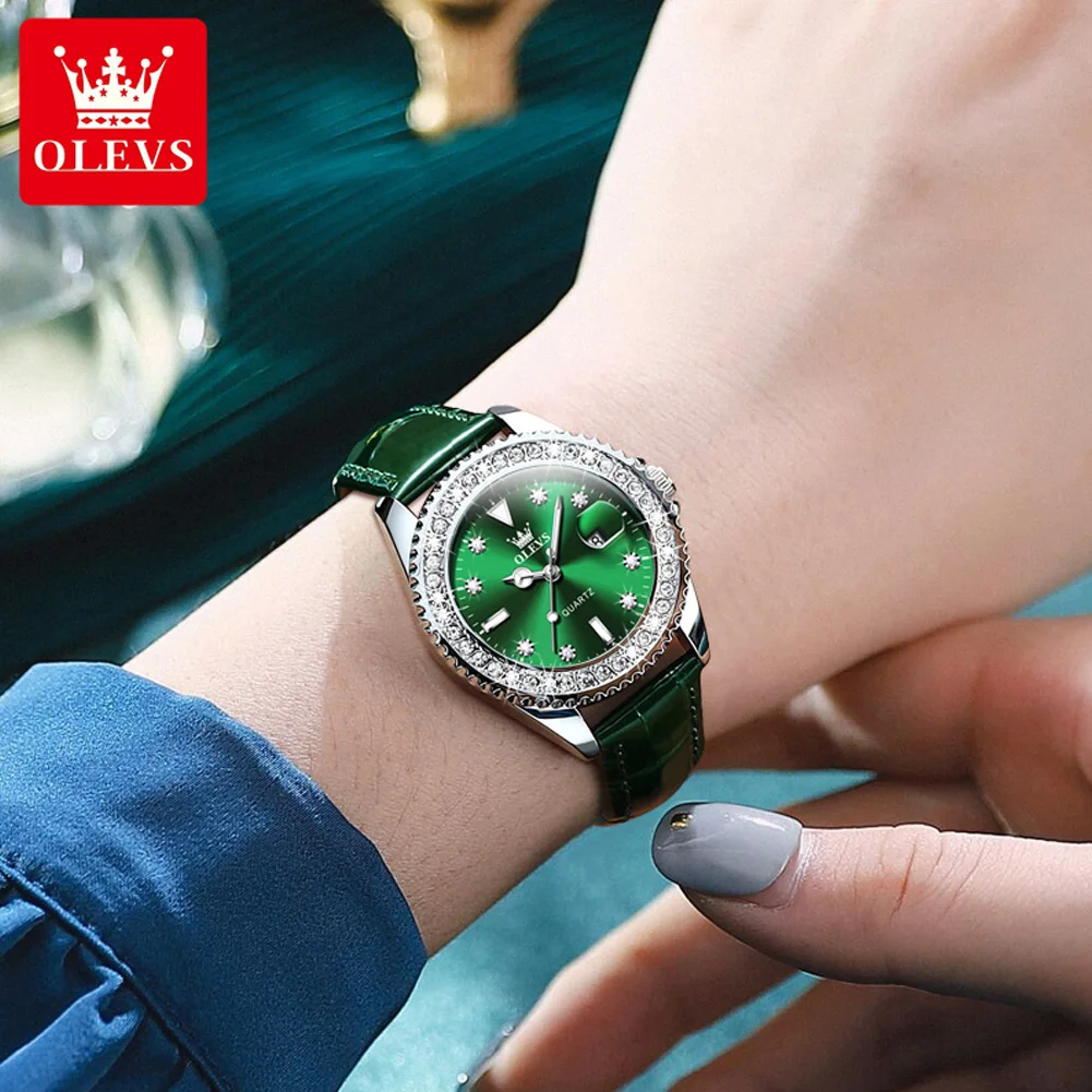 Olevs marca nova moda relógio de quartzo verde para mulheres couro à prova dwaterproof água calendário luxo diamante relógios das mulheres relogio feminino