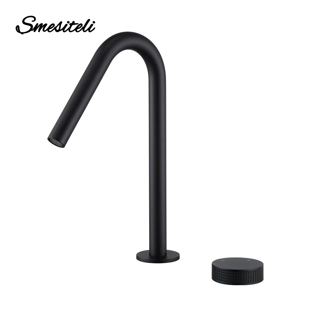 Matte Black Basin faucet Knurled knob Sink Tap 360 Rotating Spout two holes Desk Mounted Basin Tap Bathroom Widerspread faucet