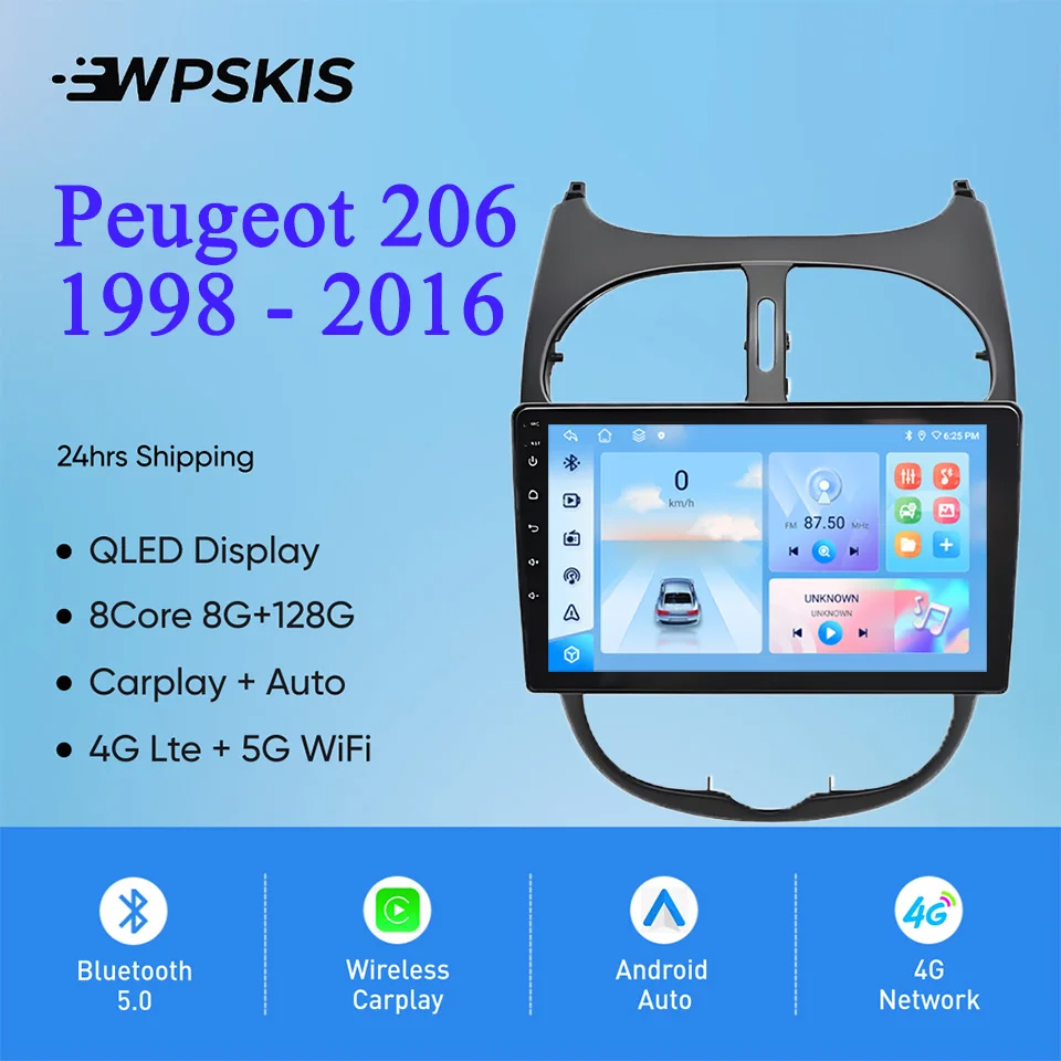 8G+128G Android 14 For Peugeot 206 1998 - 2016 Car Radio Video Audio Multimedia Player GPS Navigation PC Tablet Carplay RDS DSP
