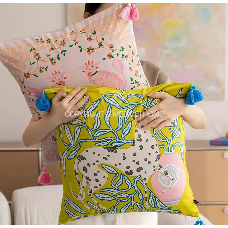 Medicci Home Yellow Cream Greyhound Dog Decorative Pillowcase Folk Art Animals Forest Illustration Velvet Cushion Cover For Sofa