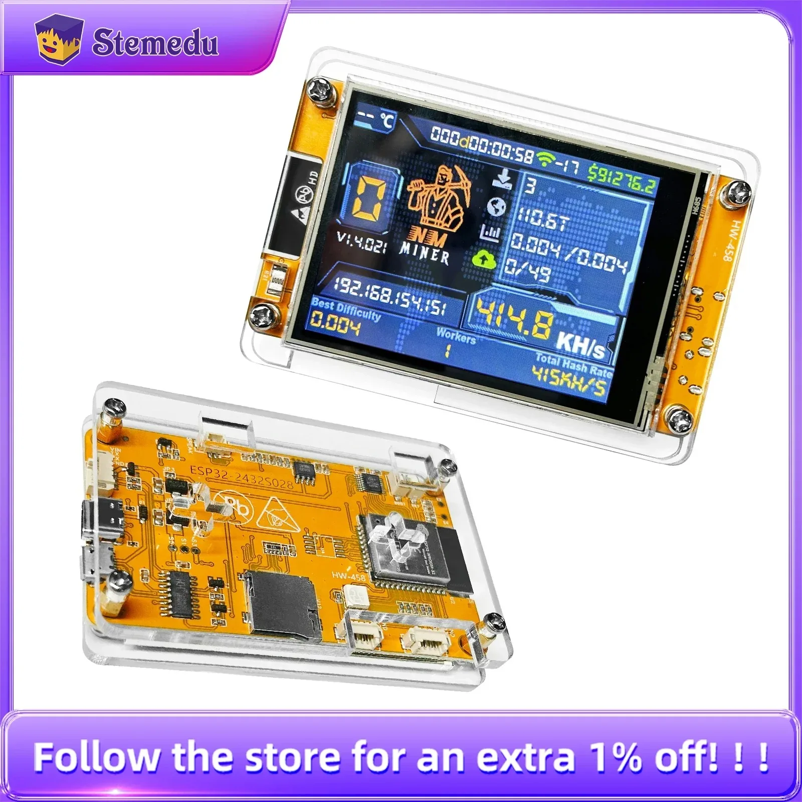 Heltec NerdMiner V2 NMMiner Lucky Miner Hashrate 410KH/s ESP32 2.8 inch Smart Display Crypto Solo Lottery ESP32-2432S028R