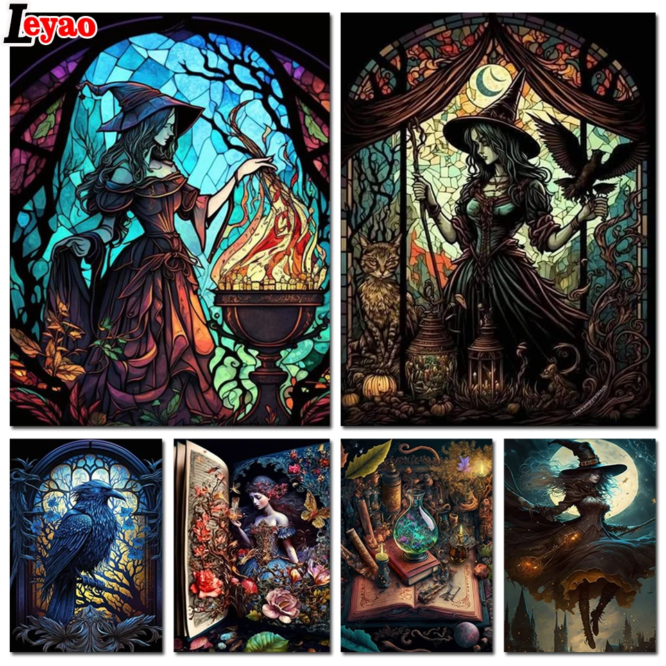 Diamond Mosaic Witch And Raven 5D Rhinestone Embroidery Fantasy Landscape Diamond Cross Stitch Diy Kits Gothic Style Home Decors