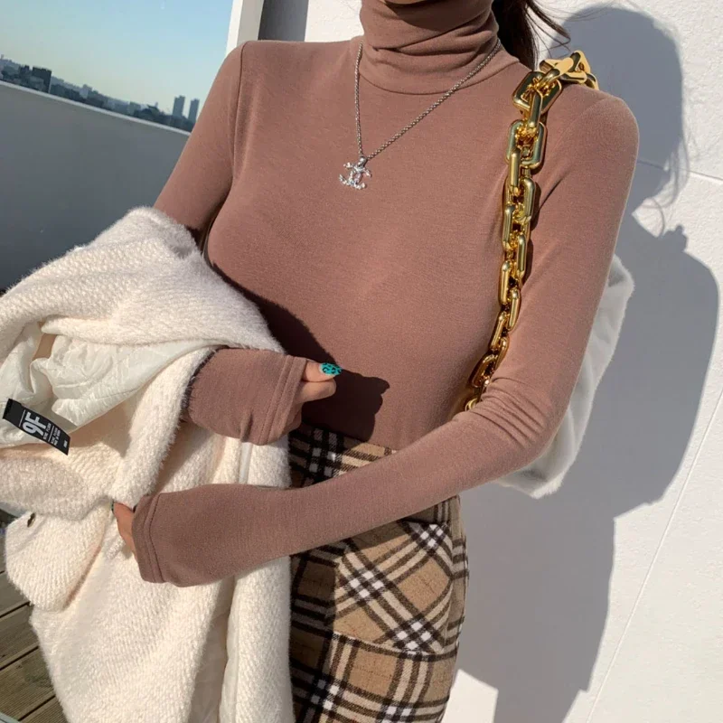 

Turtleneck Long Sleeves Solid Casual Women's Tops Women Spring Basic Slim Tees Shirt Elastic Plain Thin T Shirts Office Lady