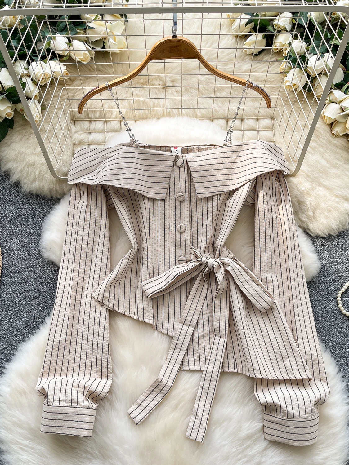 

Foamlina Autumn Chic Striped Print Shirt For Women Fashion Chain Strap Off Shoulder Long Sleeve Buttons Bowknot Irregular Tops