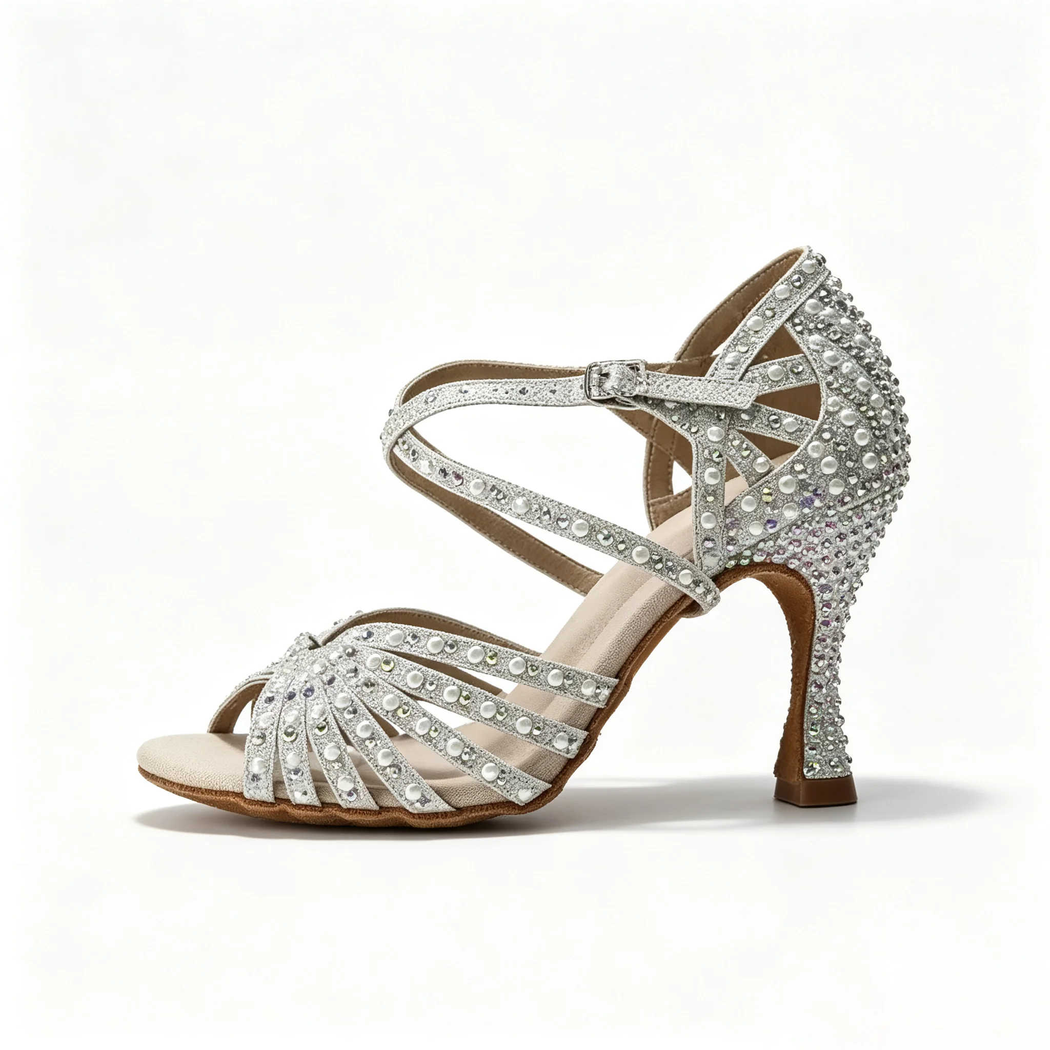 Women Silver Rhinestone Latin Dance Shoes Glitter Cross Strap High Heel Salsa Tango Ballroom Dance Sandals For Women Competition