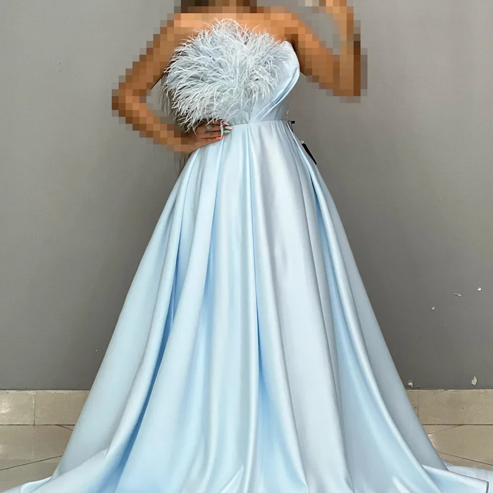 

Атласное вечернее платье трапециевидной формы без рукавов без бретелек длиной до пола, со шлейфом и перьями на шнуровке сзади, модный фотоцвет, нежный