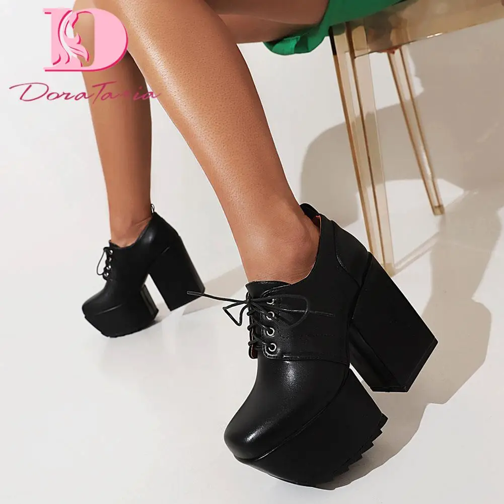 DoraTasia Hot Sale Women Pumps Black Chunky High Heels Platform Lace-up Spring Autumn Square High Heels Concise Big Size 35-46