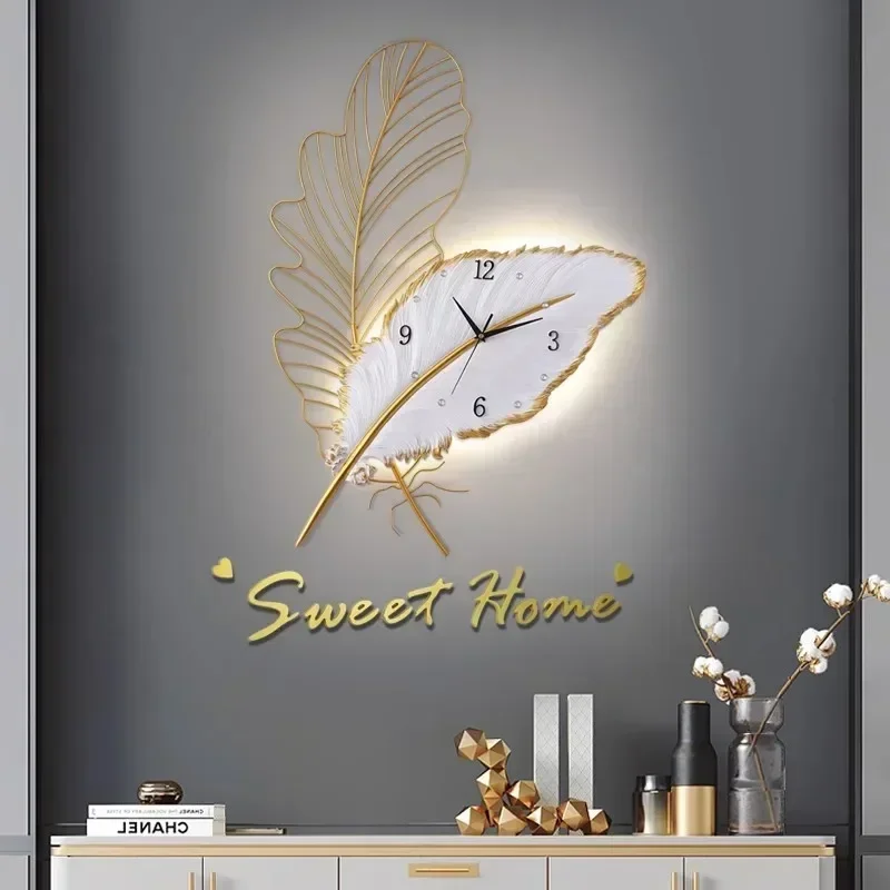 Feather Wall Clock for Home Decor, Wall Clocks, Modern Design, Living Room Decoration, Digital Watches, Light, Luxury