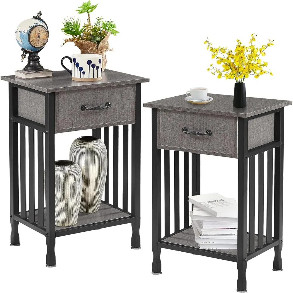 Nightstands, Industrial Side/End Tables Drawer and Storage Shelf, Night Stands for Bedroom, Living Room, Wood Metal Furniture