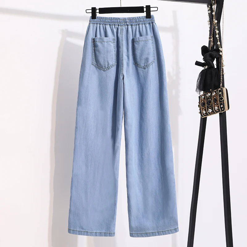 2024 New Arrival Summer High Waist Women Jeans Thin Cotton Denim Ankle-length Pants Elastic Waist Softener Wide Leg Pants V891