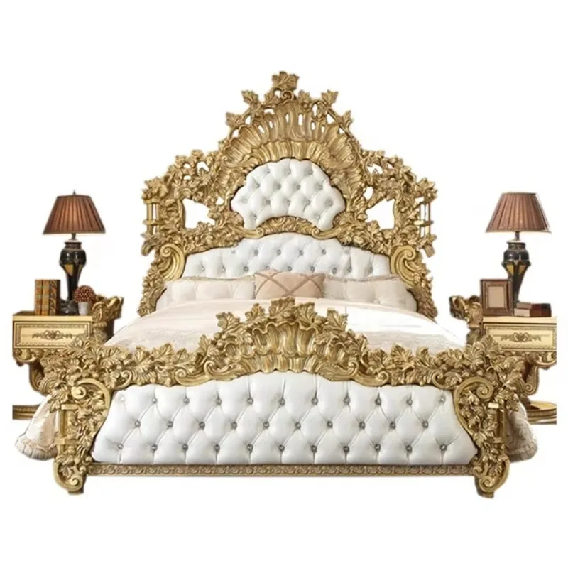 Antique Royal European Style High Back King Size Bed Classic Baroque Style Full Solid Wood Hand Made Bedroom Set