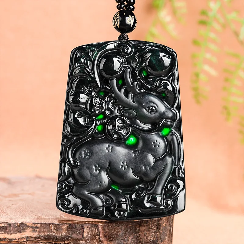 

Black Myanmar Jadeite Deer Pendant Necklace Vintage Charm Choker Stone Man Luxury Fashion Designer Natural Burmese Jade Carved