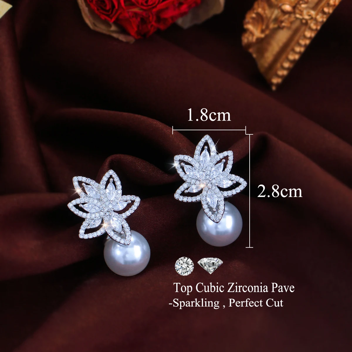 CWWZircons Noble Flower Leaf Shape Glittering Cubic Zirconia Pave Women Party Wedding Drop Pearl Earrings Accesories Gifts E0959