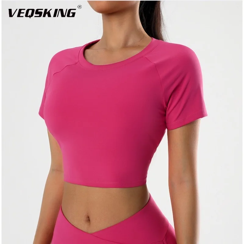 

VEQKING Women Short Sleeved Sexy Tight Sports Crop Top Fitness Quick Drying Running Workout Top Gym Top