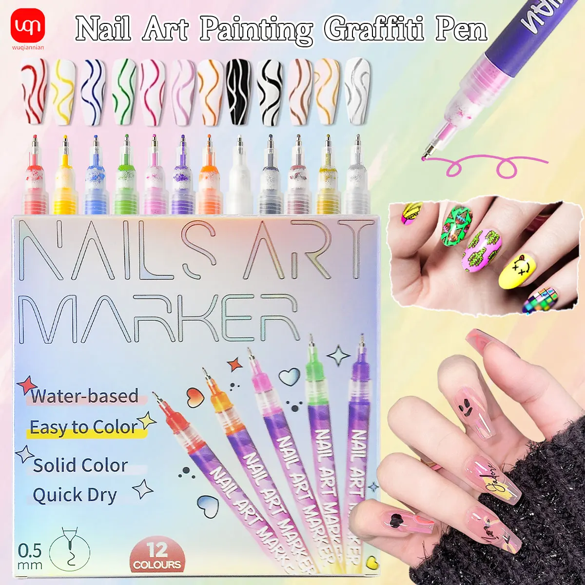 

Набор цветных маркеров для дизайна ногтей WQN, 12 шт., быстросохнущие, легко наносятся, не выцветают, легко окрашиваются, незаменимы для оформления кончиков ногтей