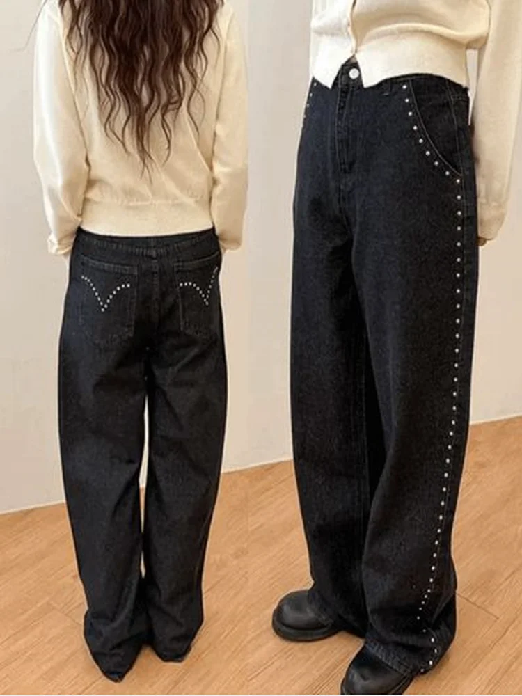 

High Waist Straight Leg Jeans Rivet Decorative Design Street Style Versatile High Waist Straight Tube Denim Long Pants