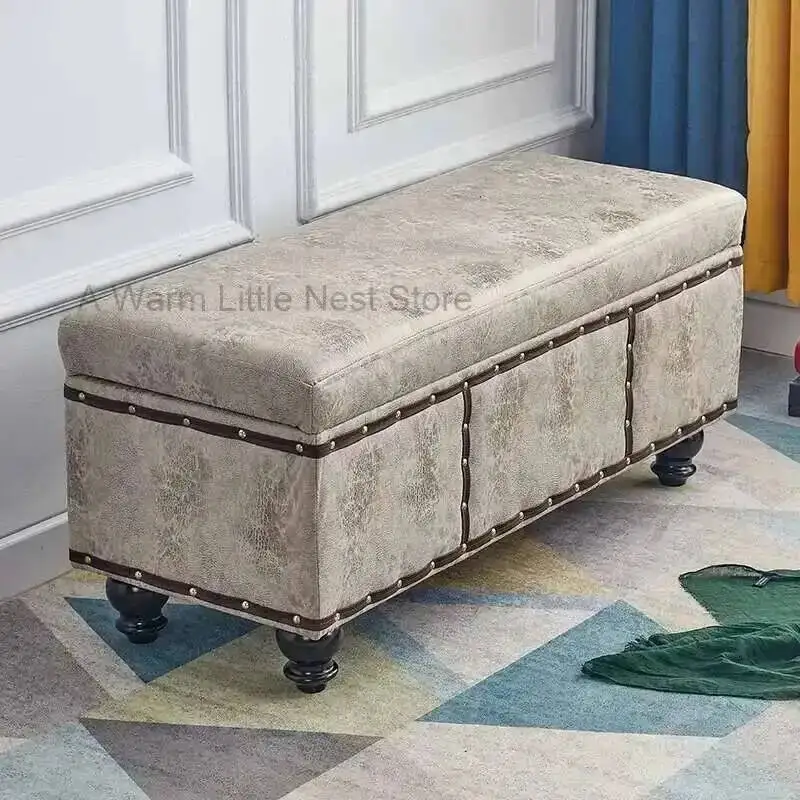 Grey European Rectangle Vintage Minimalism Shoes Bench Comfort Ottomans Bench Simple Storage Stołek Taburete Otomano Furniture