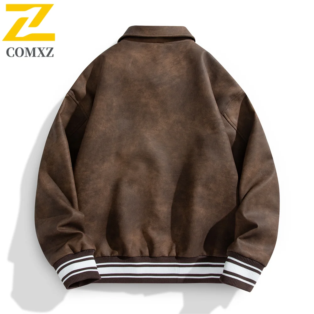 Street Loose Jacket Men Autumn Fashion Retro Solid Color Windproof PU Leather Coat Men's Clothing Casual Loose Motorcycle Jacket