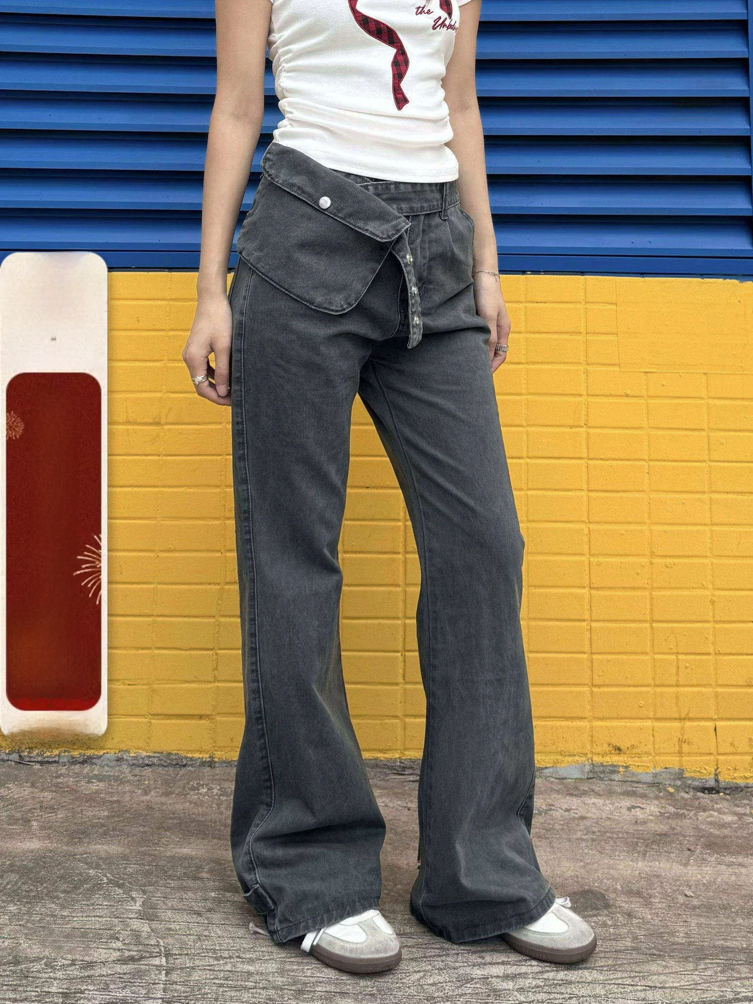 

XFX American Retro Waed Adjustable Waist Bag Jeans Women Loose Straight Micro Flared Wide Leg Workwear Trousers