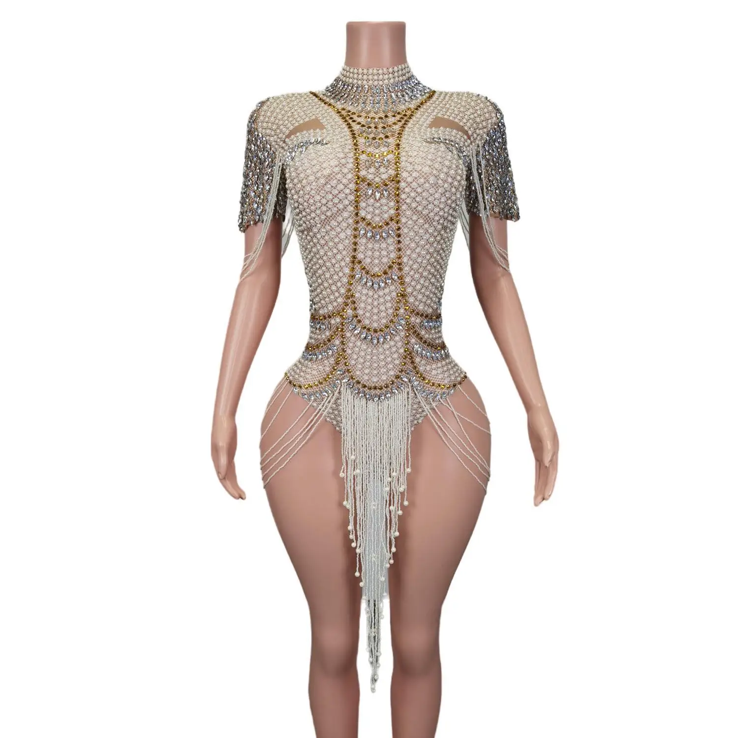 Elegant Rhinestones Pearls Stage Performance Dancer Jumpsuit Plus Size Rompers Party Clothes Women Tassel Rhinestone Bodysuits