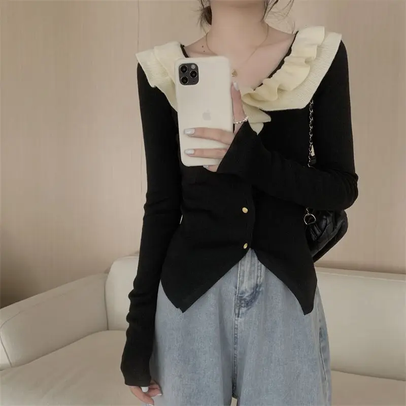 Sweet and Spicy Retro Chic Doll Neck Ruffle Edge Spliced Sweater Knitted Sweater for Women Short Style Inner Layer Top